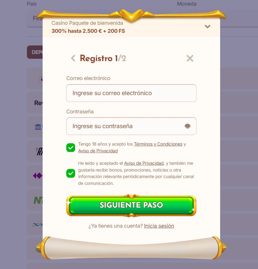Bethall Casino formulario de registro e inicio de sesión